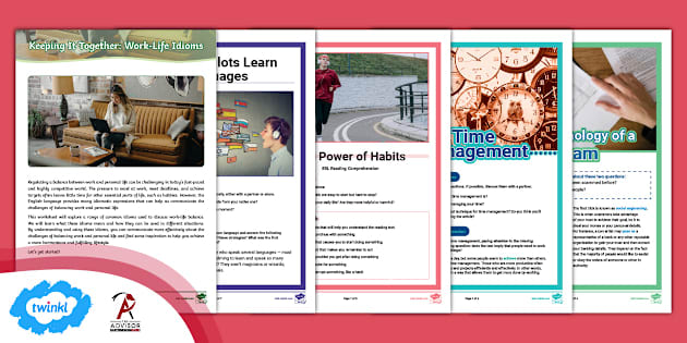 Downloadable IELTS reading practice worksheets in PDF, featuring topics on idioms, language learning, habits, time management, and exam skills.