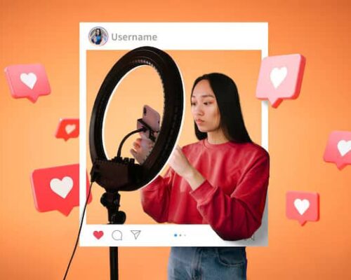 Young woman at InvestIn summer career camp in London learning media management skills, creating social media content with ring light and smartphone to build viral campaigns